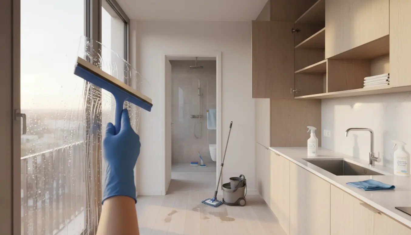 Tom lejlighed under professionel rengøring med handsker, vinduesskraber, moppe og åbne aftørrede skabe.