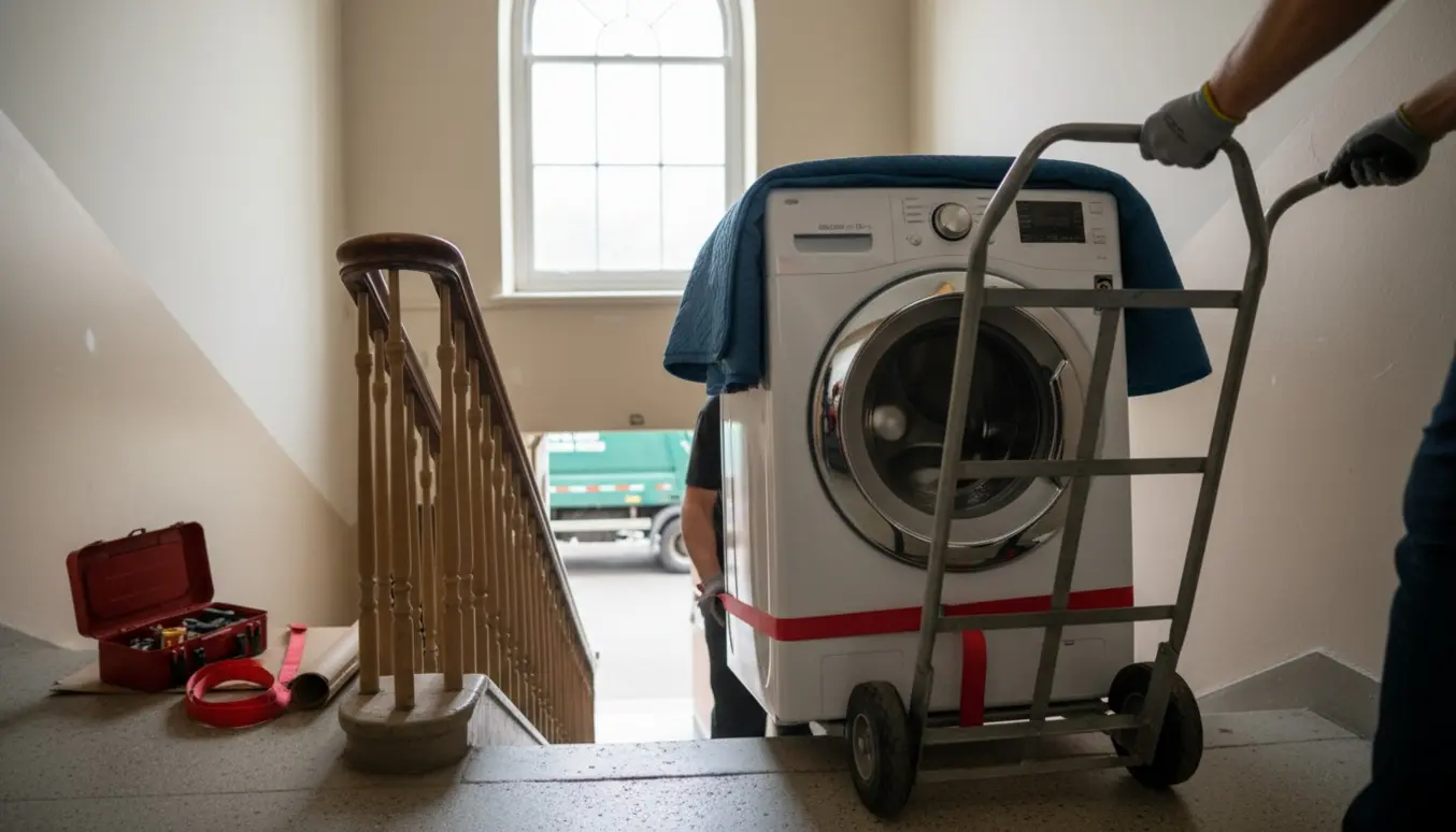 Vaskemaskine på håndtralle trækkes ned ad trappe med beskyttelsesdyne og handsker, klar til afhentning.