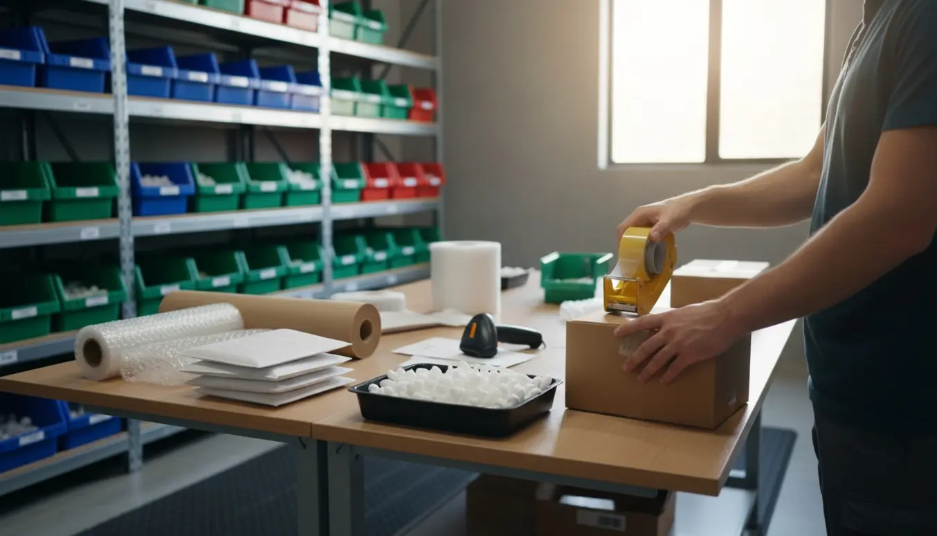 Hænder pakker små forsendelser ved en organiseret pakkestation i et lyst lager.