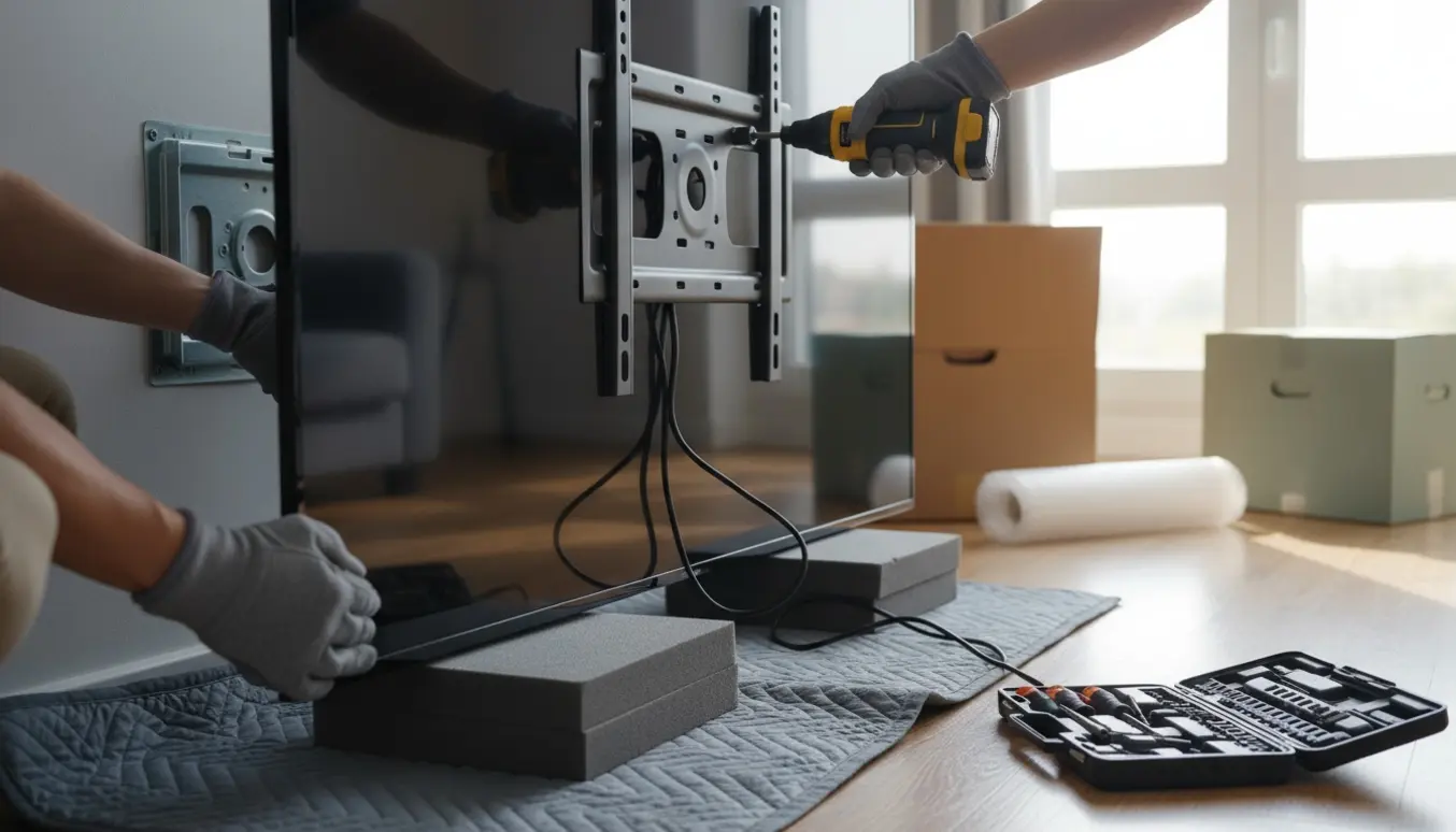 Fladskærms-TV afmonteres fra væggen med værktøj og beskyttelsestæpper klar.