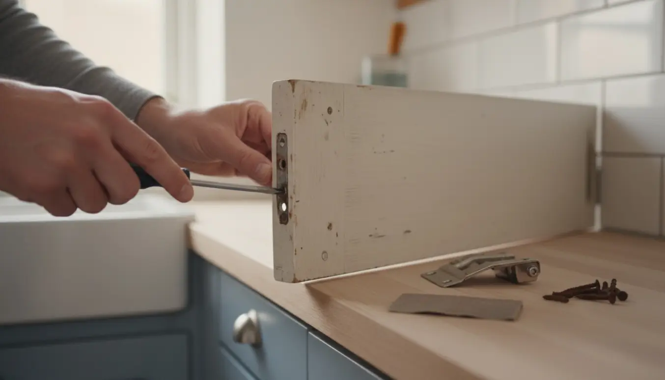 Skråtstående køkkenlåge med slidt hængsel og en hånd, der holder en skruetrækker ved reservedele på bordet.
