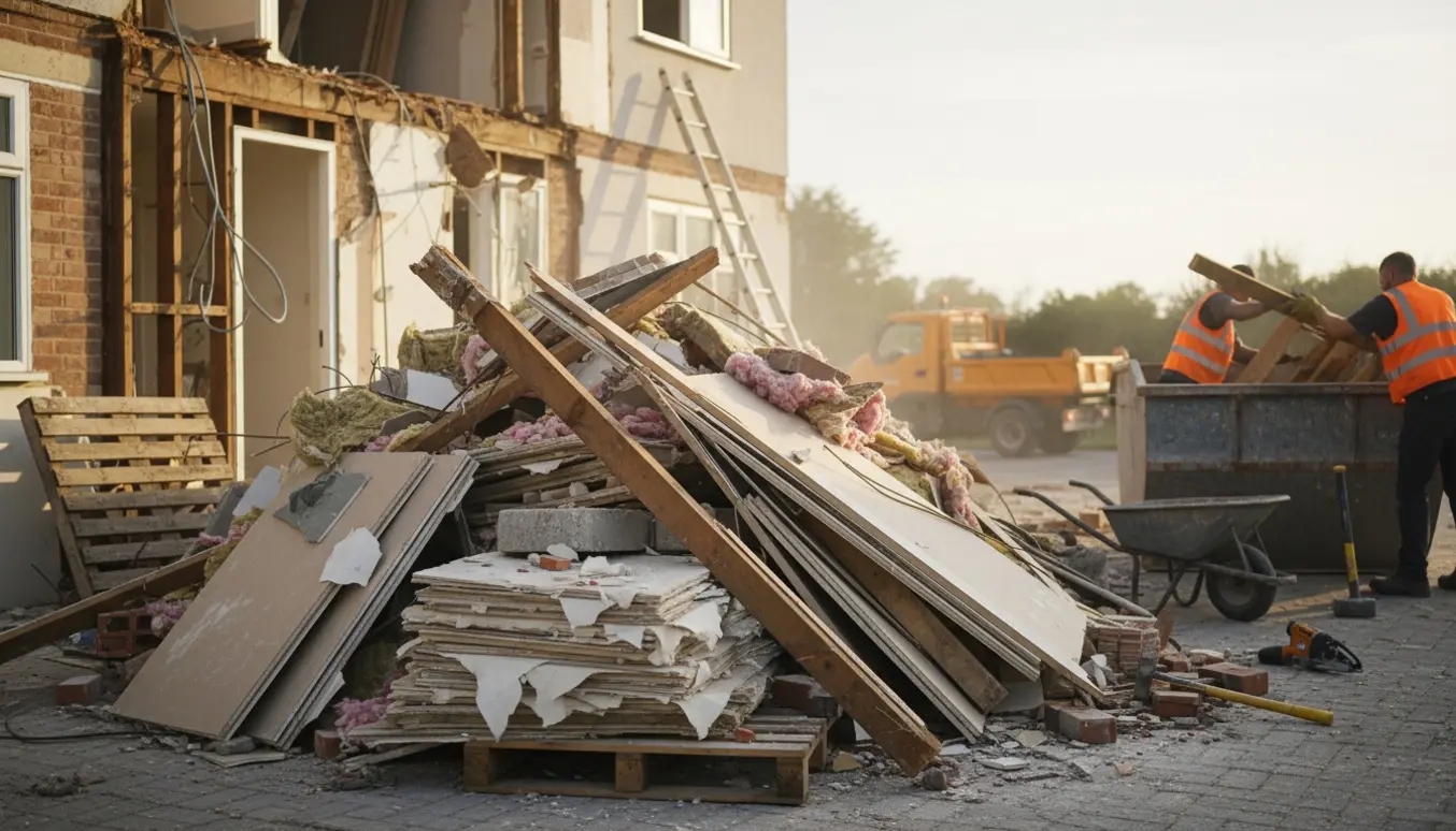Bunke byggematerialer med træ, gipsplader og isolering foran en delvist nedrevet 1. sal, klar til bortskaffelse.