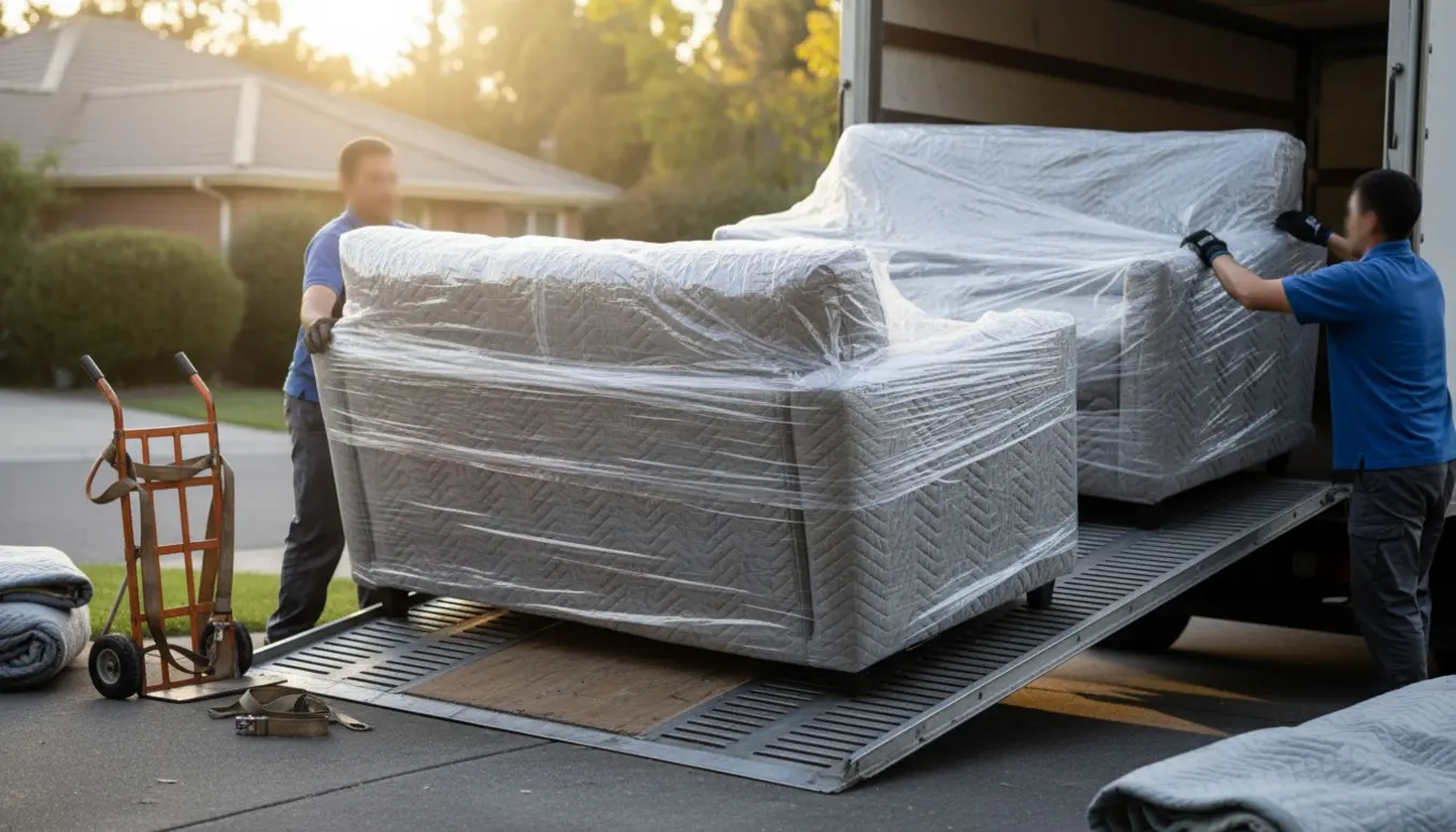 To 3-personers sofaer bliver læsset i en flyttevogn på en indkørsel, pakket i tæpper og sikret med stropper.