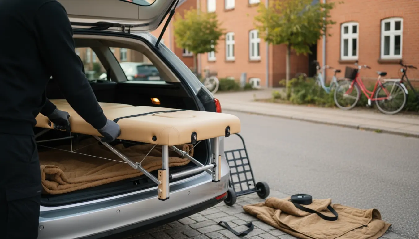 Sammenklappet massagebriks læsses i bagagerummet på en bil på en stille forstadsgade i Høje Taastrup.