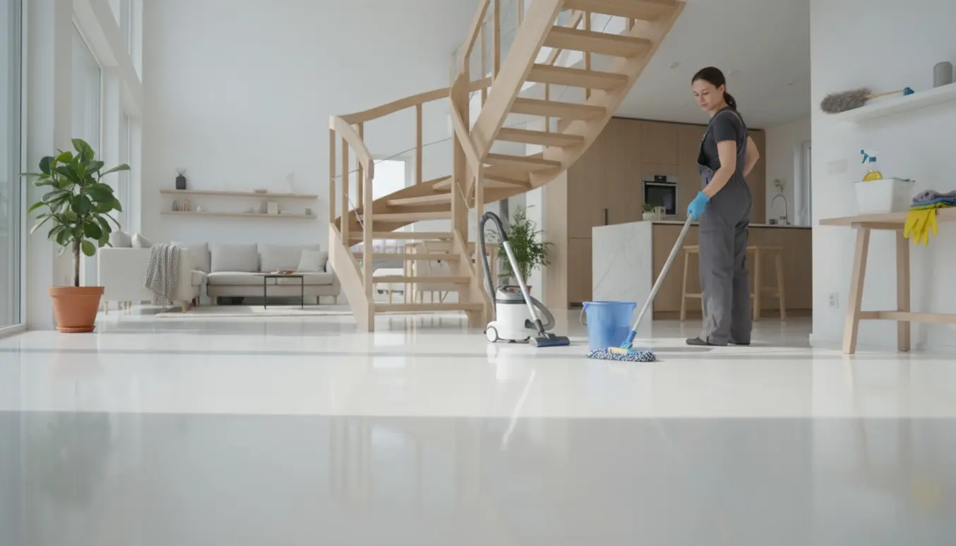 Person vasker hvidmalet gulv i et lyst, moderne hjem med rengøringsudstyr i forgrunden.