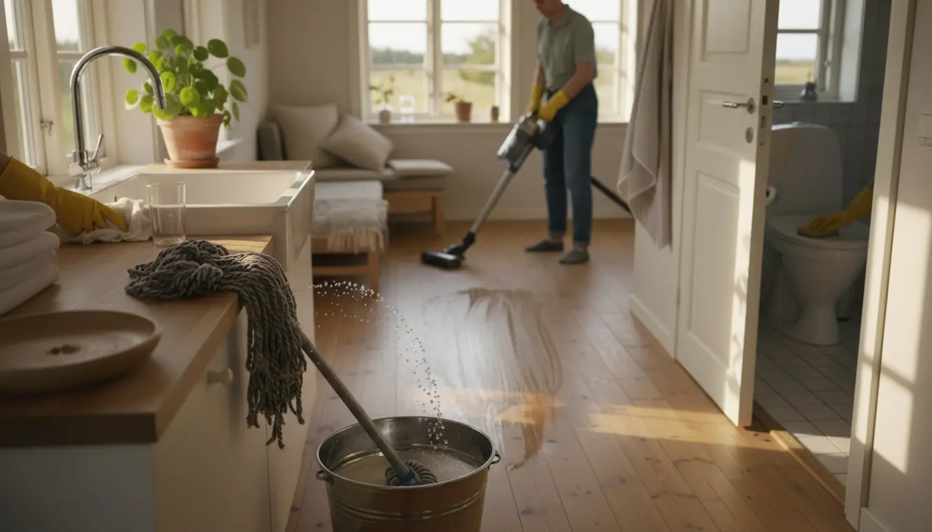 Soloplyst sommerhusinteriør med rengøringsudstyr og hænder, der vasker og støvsuger gulvet.