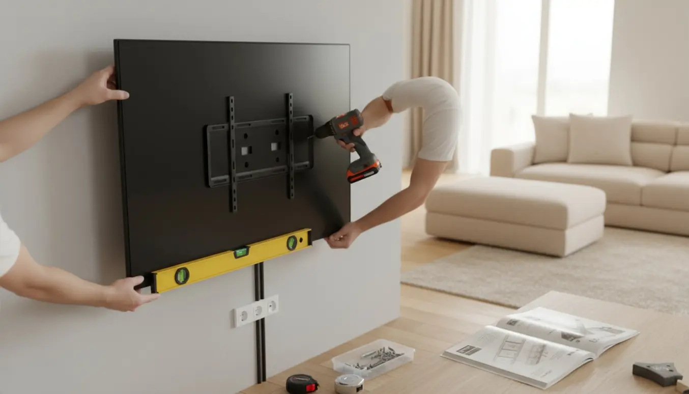 Hænder monterer et 55-tommer tv på en væg med boremaskine og vaterpas i en lys stue.