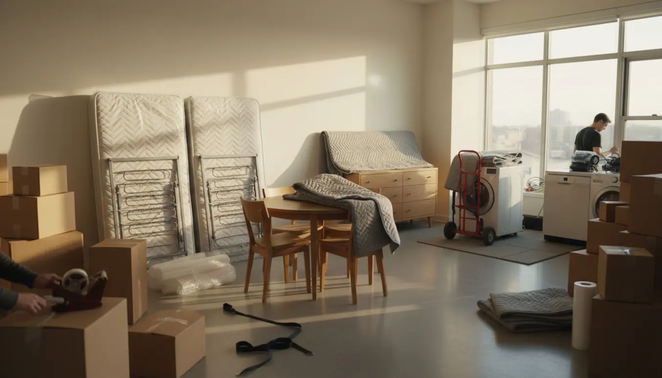 Soloplyst stue med møbler og mange flyttekasser, vaskemaskine og tørretumbler på flytevogne, klar til flytning.