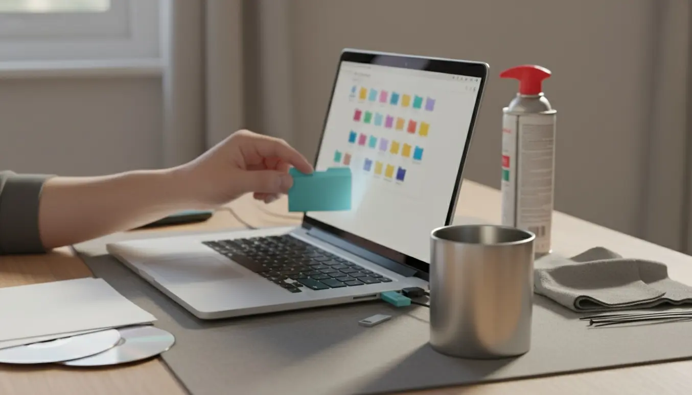Nærbillede af hænder, der rydder filer på en bærbar computer med ekstern harddisk og rengøringsværktøj på skrivebordet.