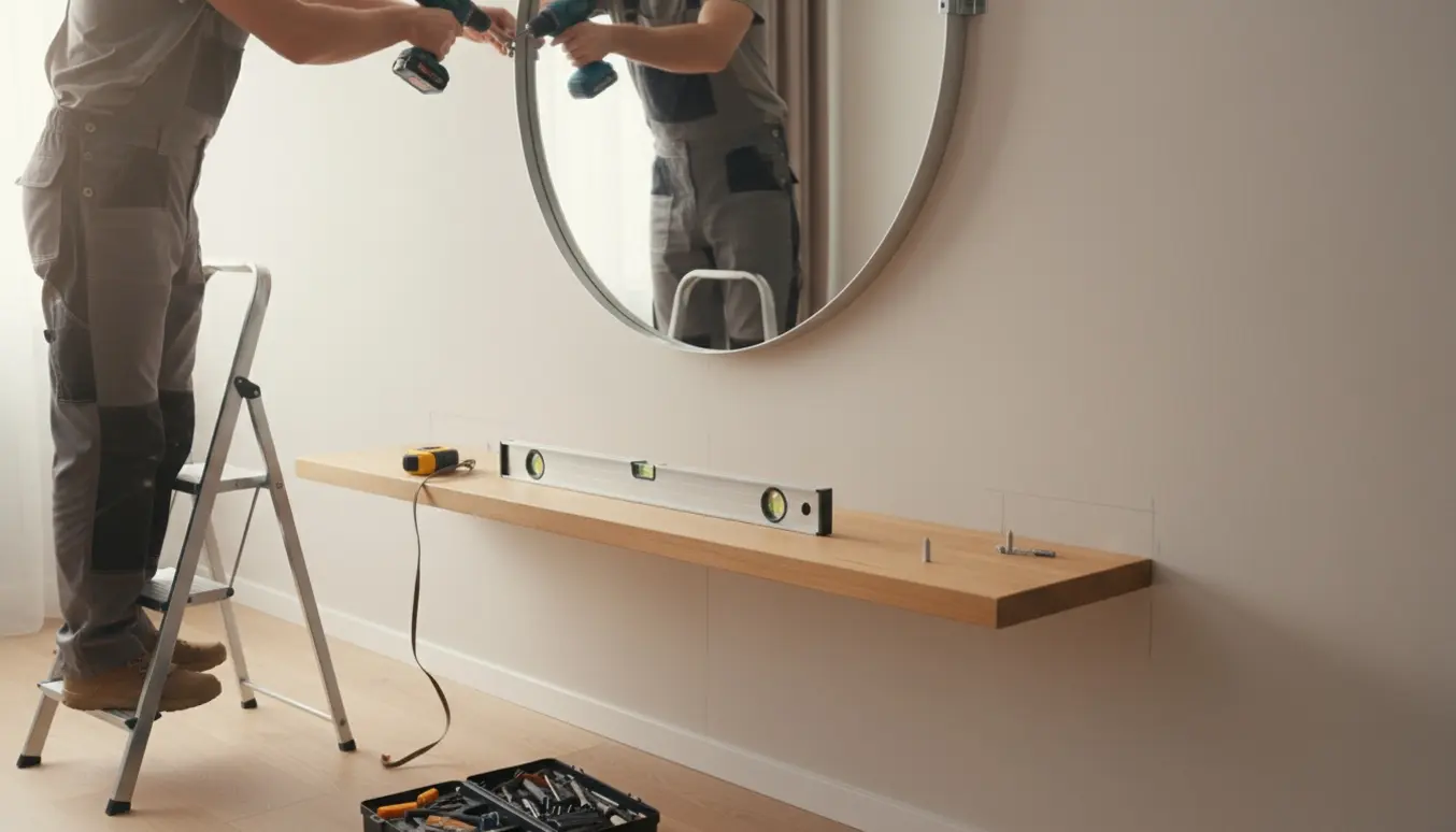 En person uden synligt ansigt monterer et rundt spejl over en lang hylde med boremaskine og værktøj omkring.