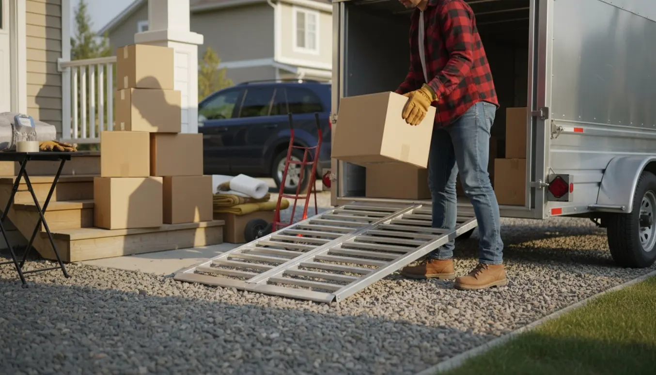 Hænder læsser papkasser fra indkørsel ind i en åben trailer ved et hus.