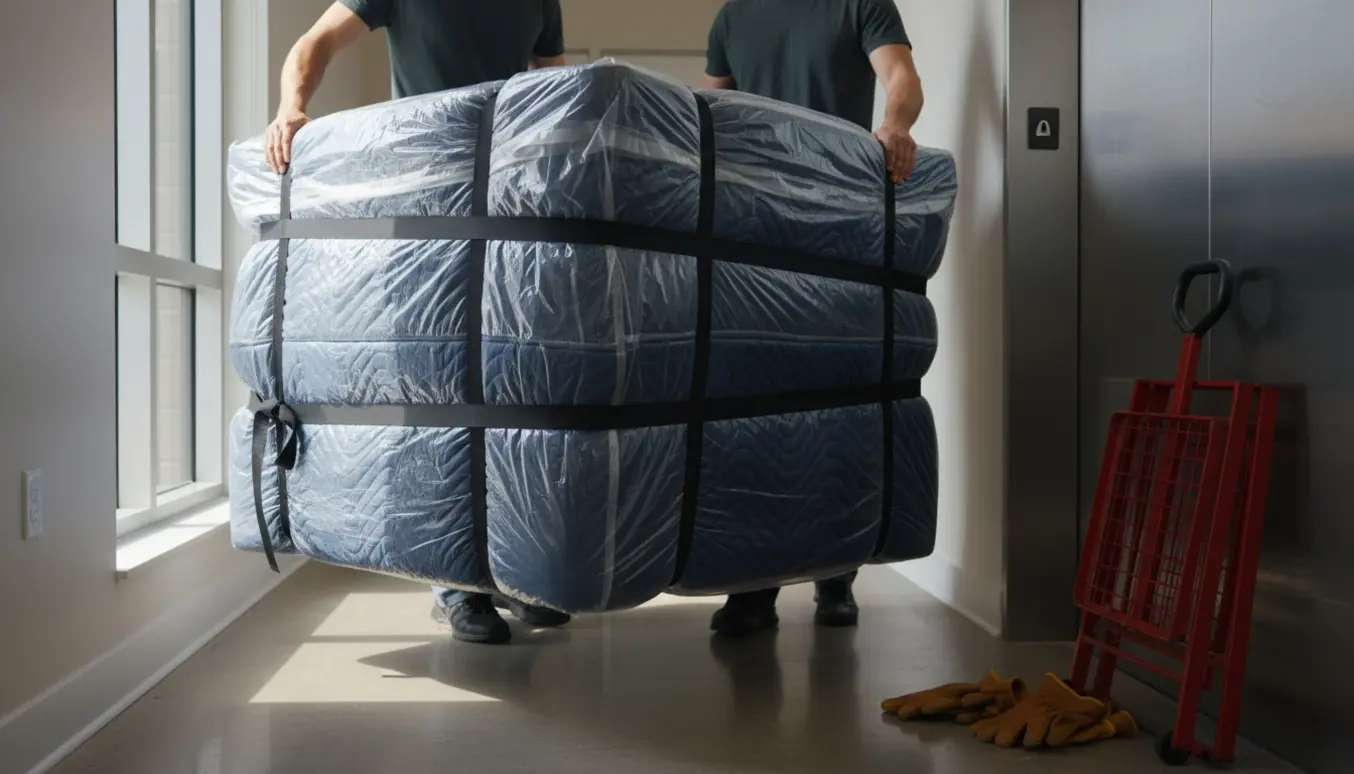 To flyttemænd fører en boksmadras (140x200 cm) ind i en elevator, dækket af flyttetæpper og stropper.