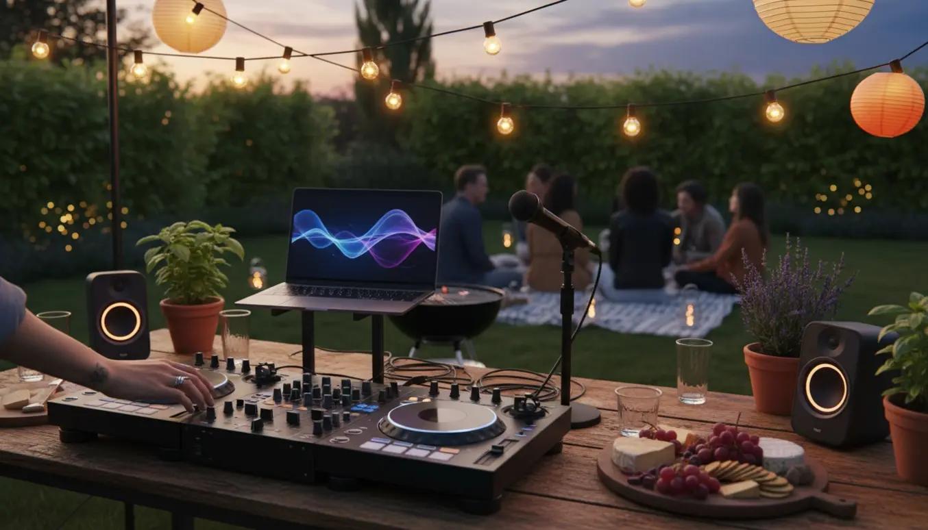 DJ-udstyr på et havefestbord med lyskæder, drinks og gæster i baggrunden.