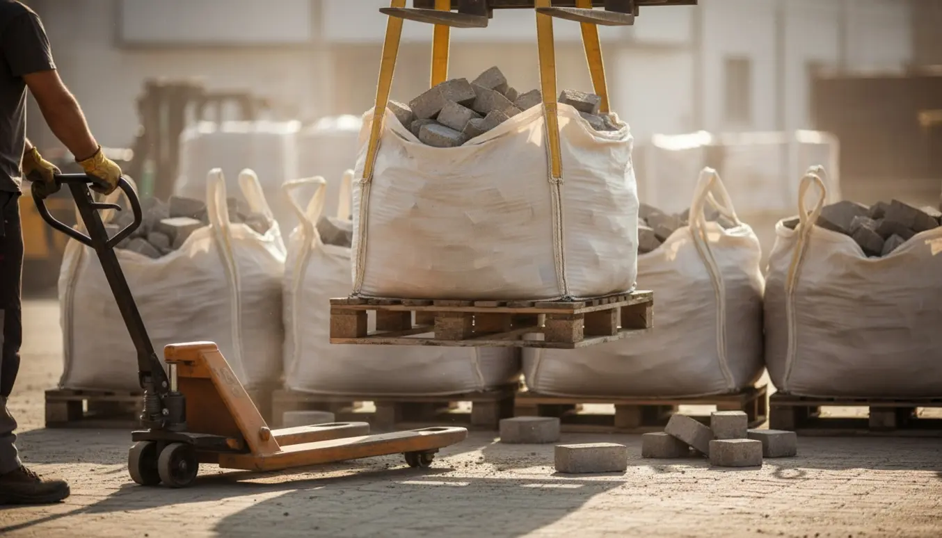 Fem bigbags med betonfliser i en byggeplads, en gaffeltruck løfter en pose mens arbejdshandsker styrer en pallevogn.
