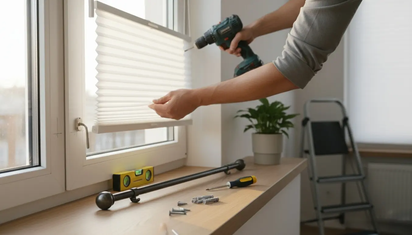 Nærbillede af hænder, der monterer et plisségardin og en gardinstang ved et vindue i naturligt lys.