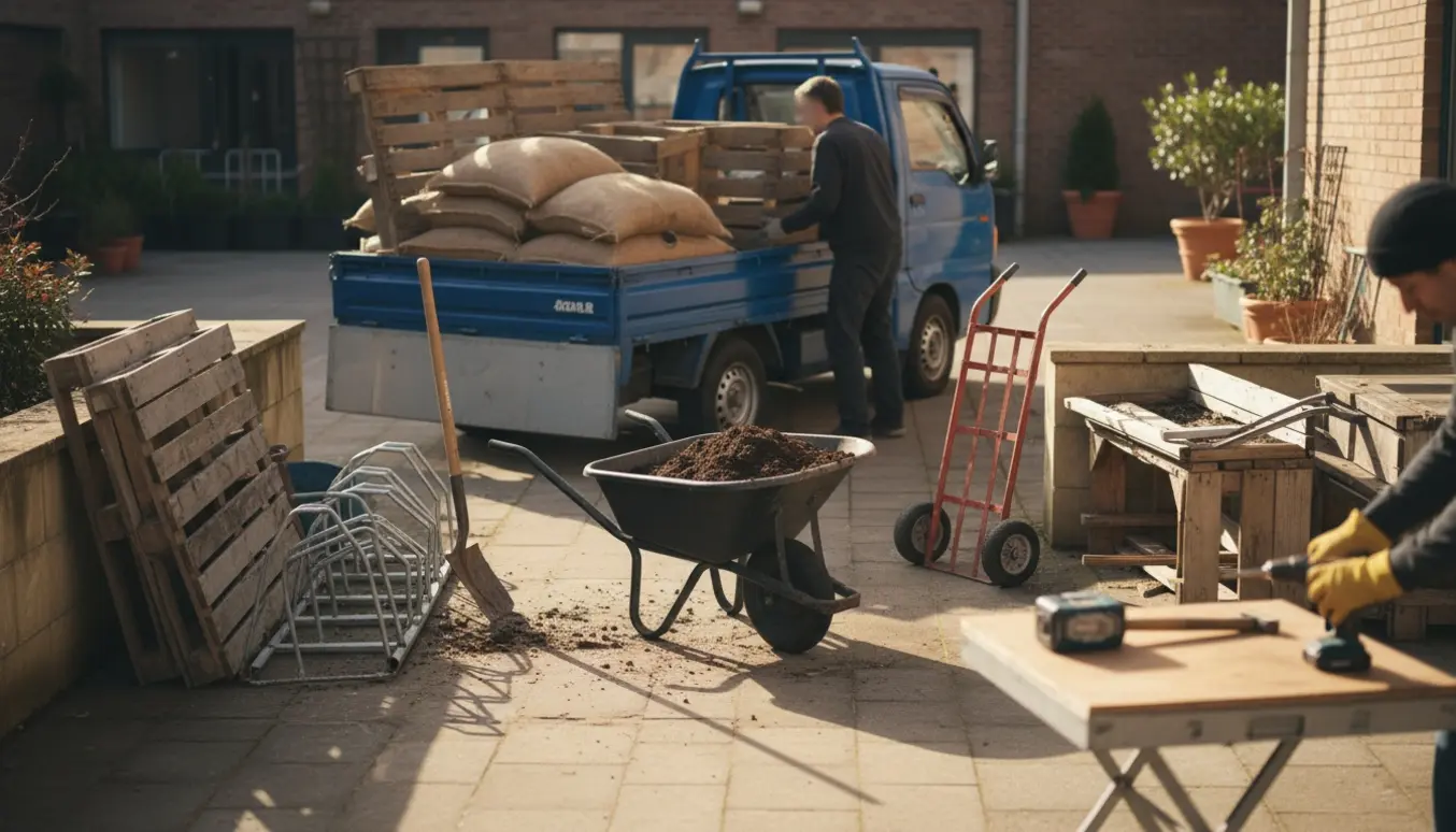 Gårdmiljø hvor jord, træpaller og hegn bliver læsset på en trailer med skovl, trillebør og sækkevogn klart ved hånden.