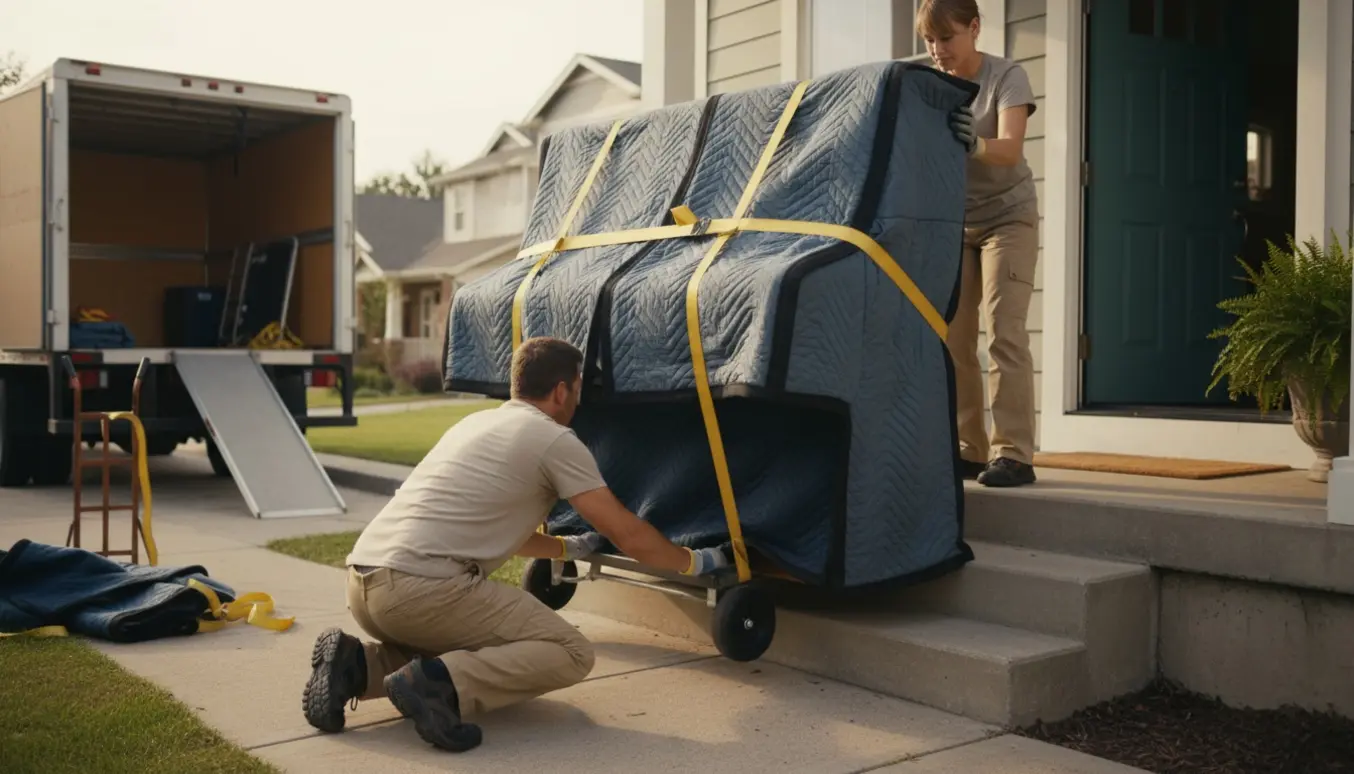 Et klaver på hjul dækket af flyttetæpper trækkes op ad to trin ved en hoveddør af et flyttehold.