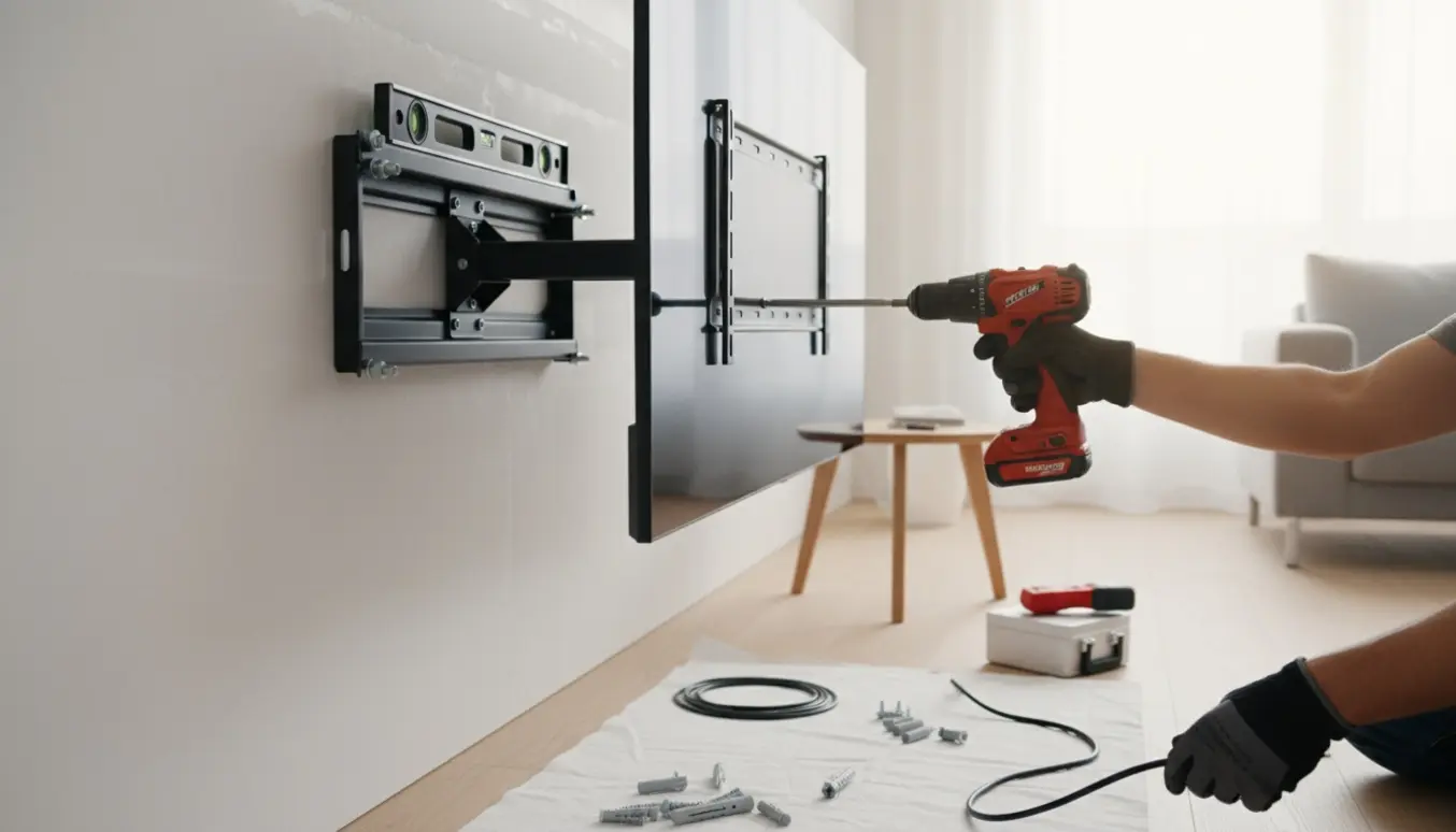 To personer monterer et stort fladskærms-tv på en gipsvæg med beslag og værktøj.
