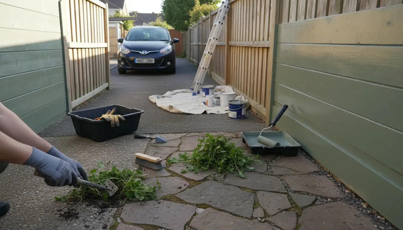 Hænder i handsker fjerner ukrudt fra en havegang, mens et hegn er nymalet og værktøj ligger ved en parkeret bil.