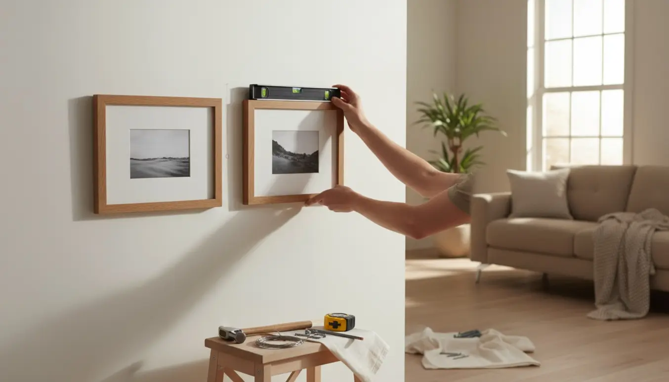 Hænder hænger to billedrammer op på en neutral væg med værktøj klar på en skammel.