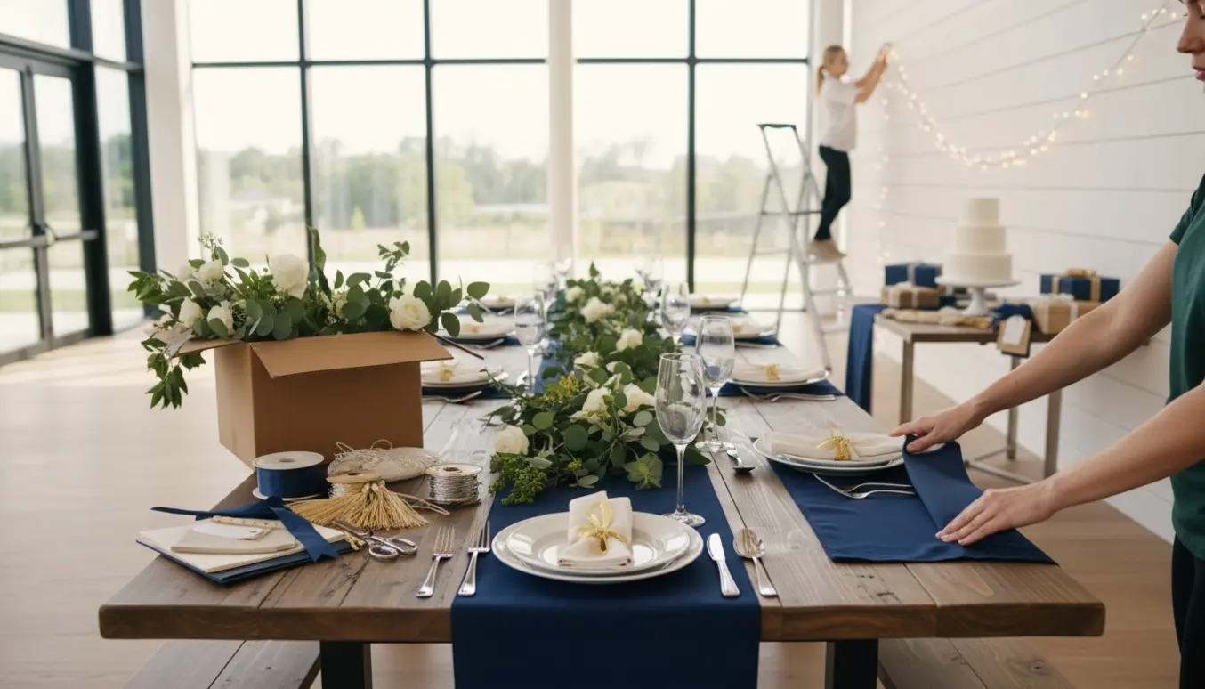 Hænder pynter et moderne festlokale med borddækning, blomster og gyldne detaljer til fars 60-års fødselsdag.