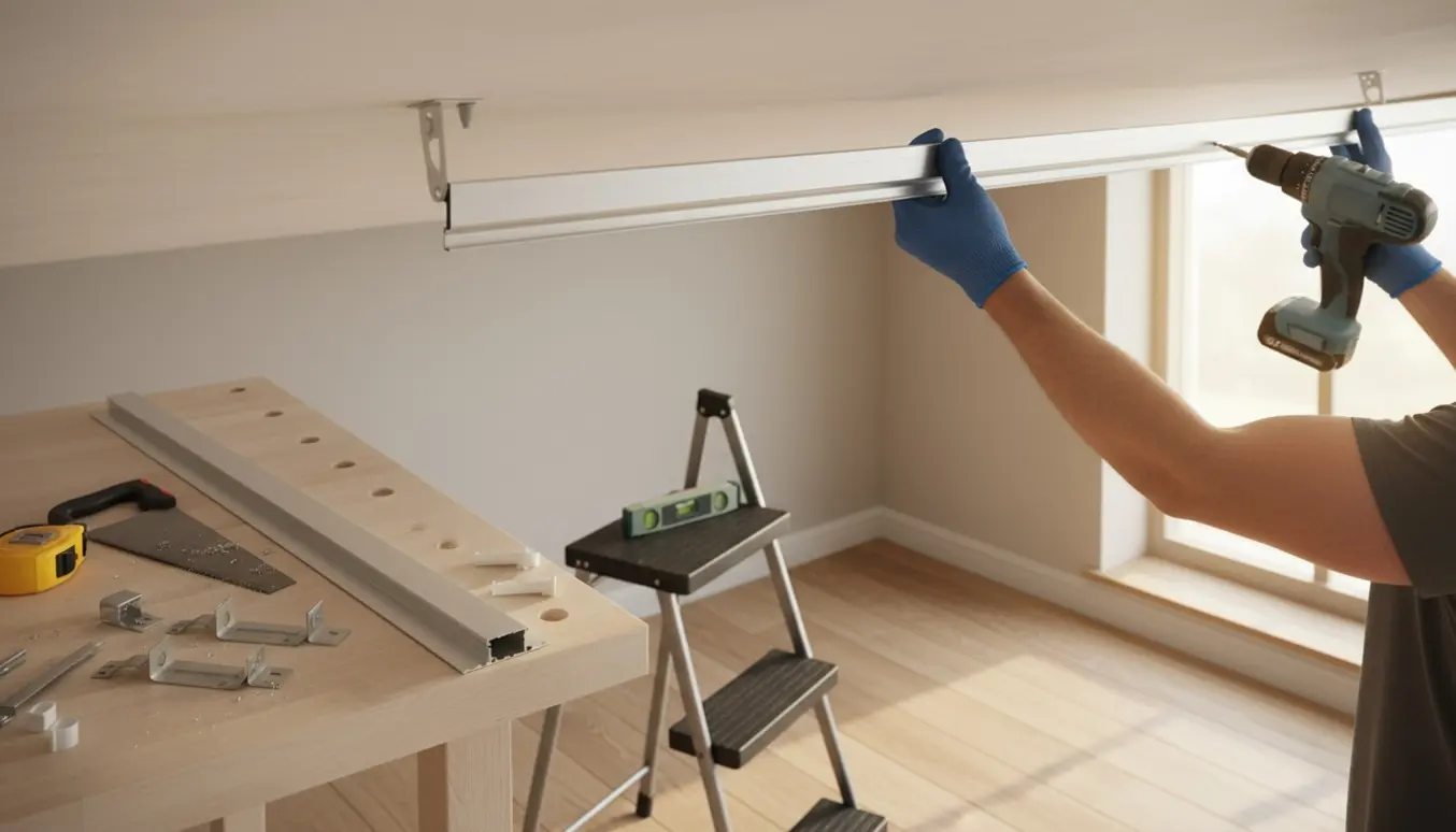 En person monterer en nyskåret aluminiumsgardinskinne i loftet med værktøj og afkortet skinne synlig.