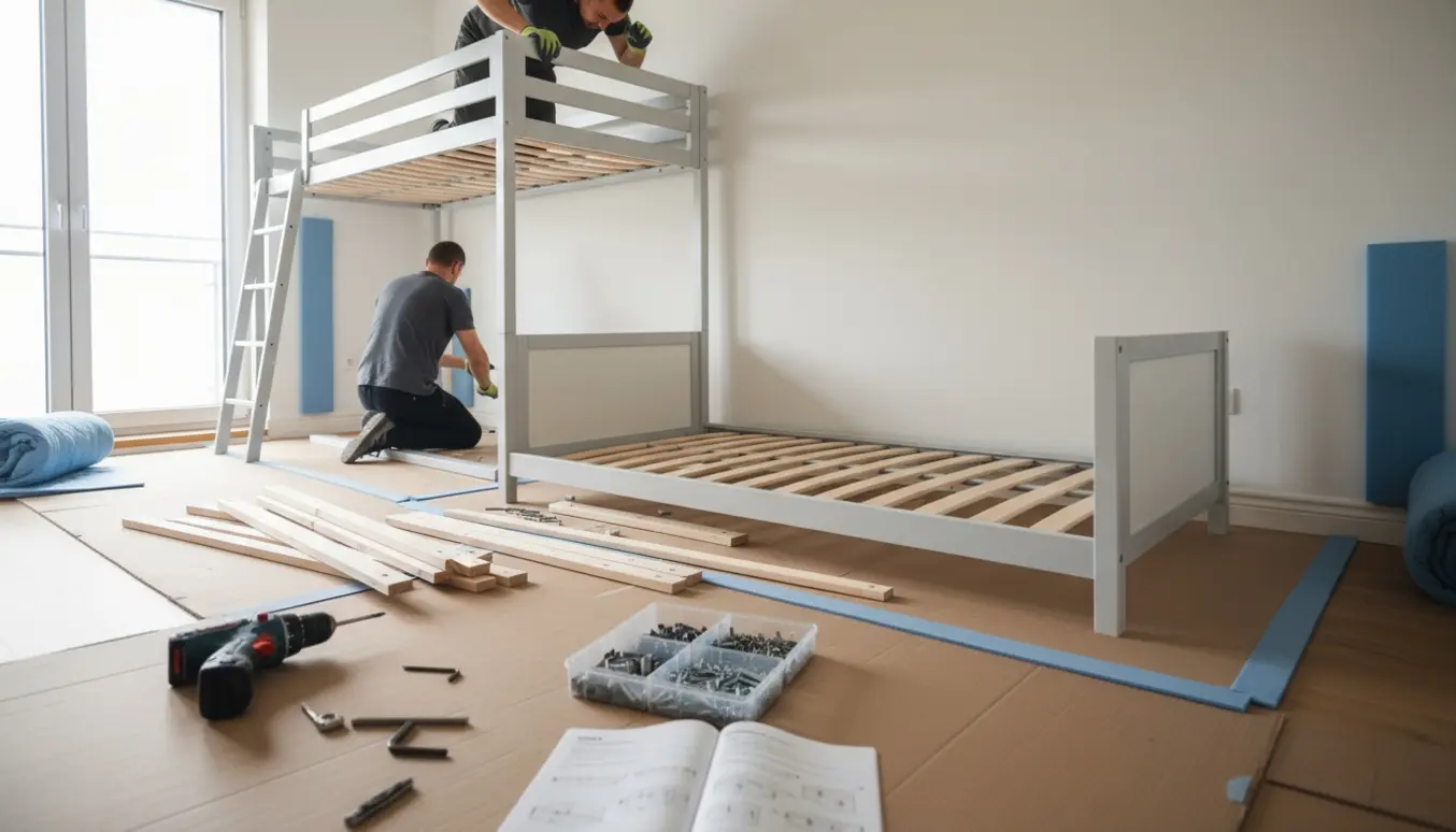 To personer samler hvide/lysegrå senge i et nybygget værelse med gulv- og vægbeskyttelse.