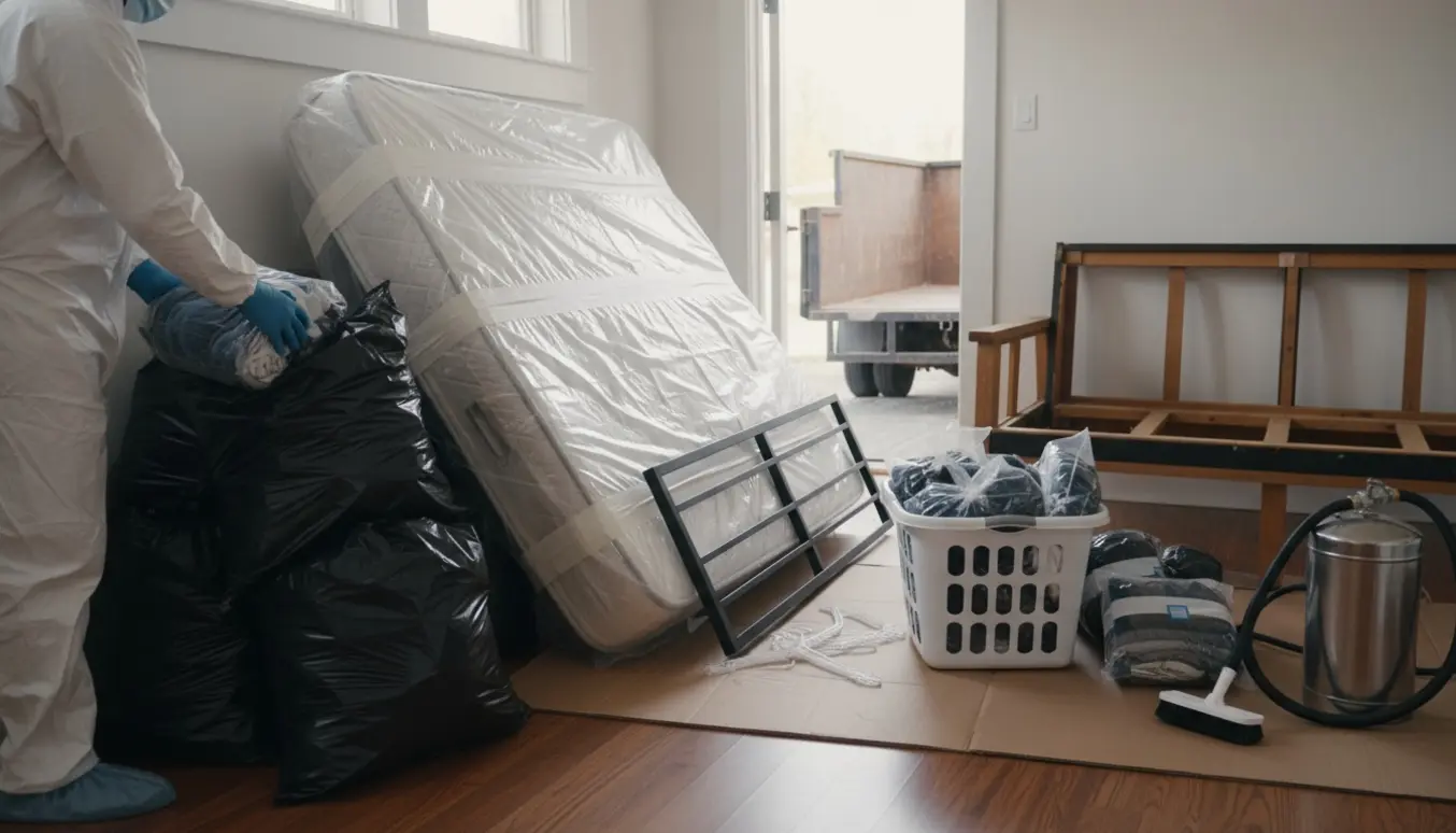 Sorte sække med tøj og en plastindpakket madras klar til storskrald efter væggelusbehandling.