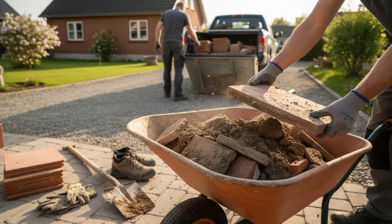 Trillebør fyldt med fliser, mens en person læsser sten væk i en have.
