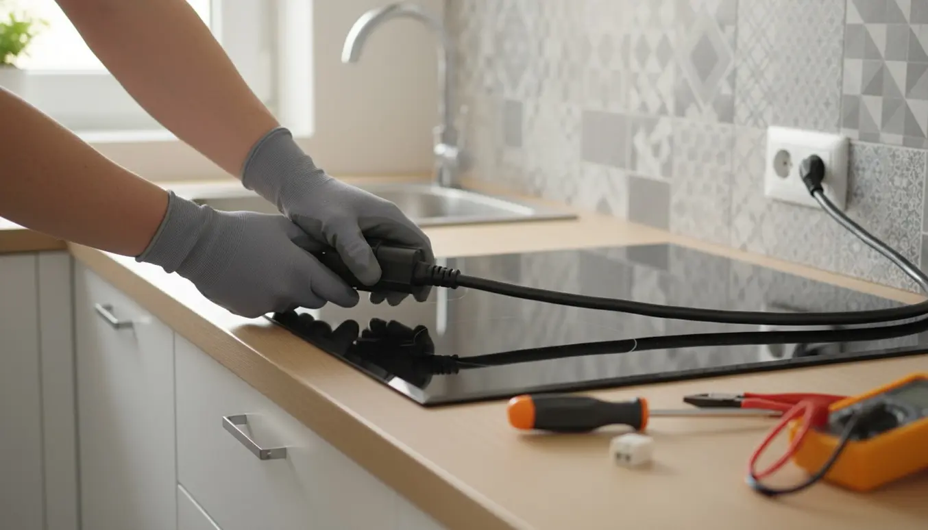 Hænder tilslutter en induktionskogeplade i et moderne køkken.