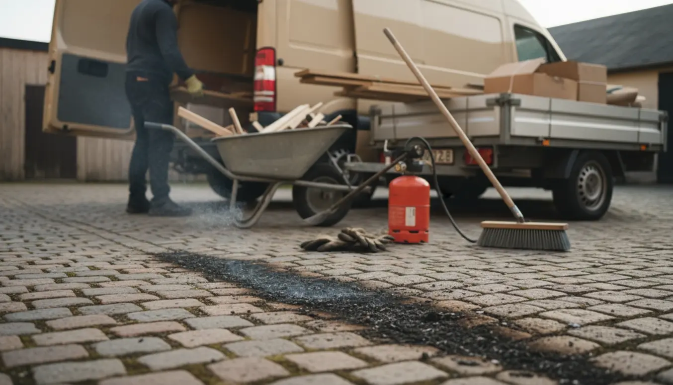 Brostensgård med brædder læsset i en åben varevogn, brændt ukrudtsstribe og værktøj lagt klar.