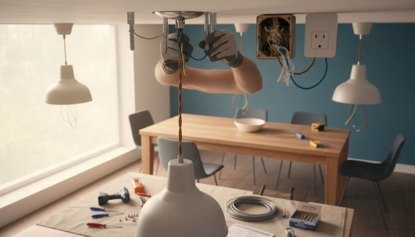 Hænder på en stige monterer en tung spisestuelampe i et tyndt loft med værktøj og ledninger synlige.