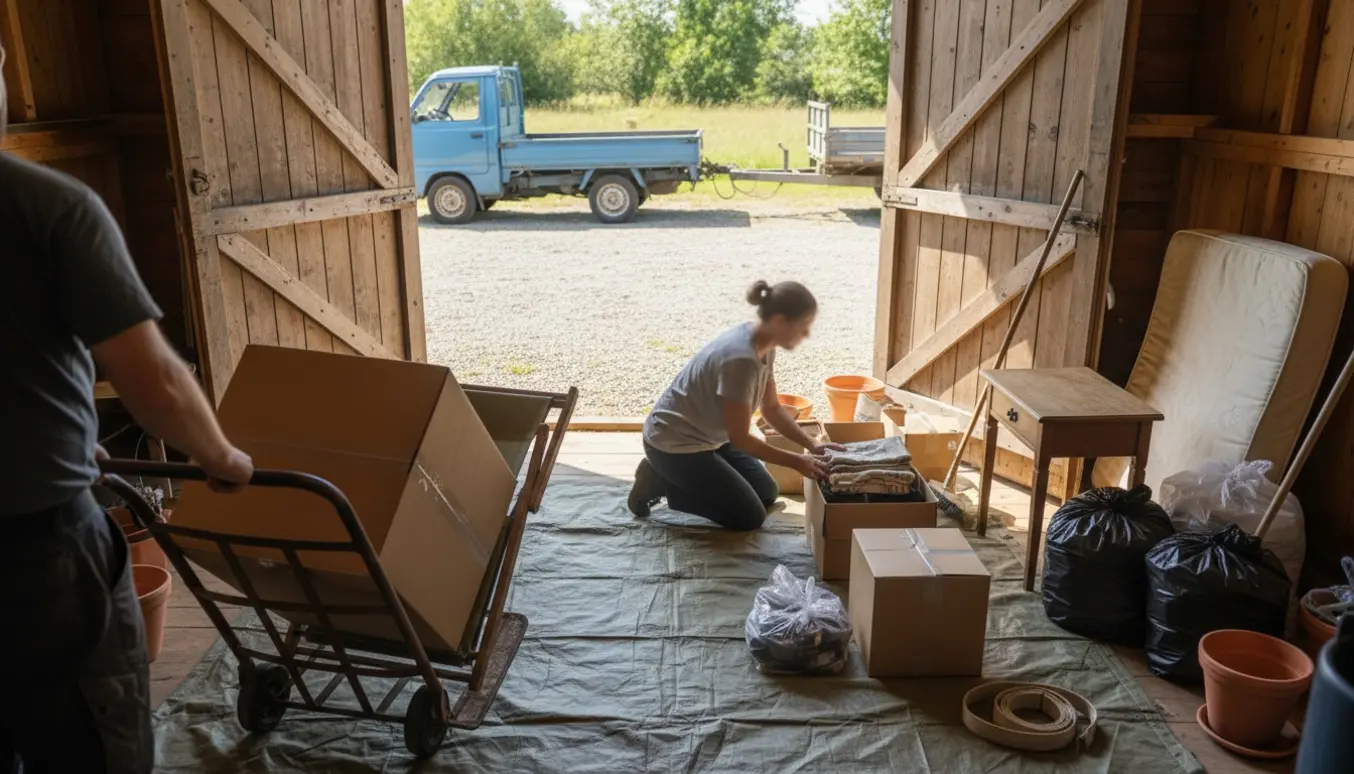 To hjælpere sorterer og laster kasser og sække fra et sommerhus på en varevogn klar til kørsel til lossepladsen.