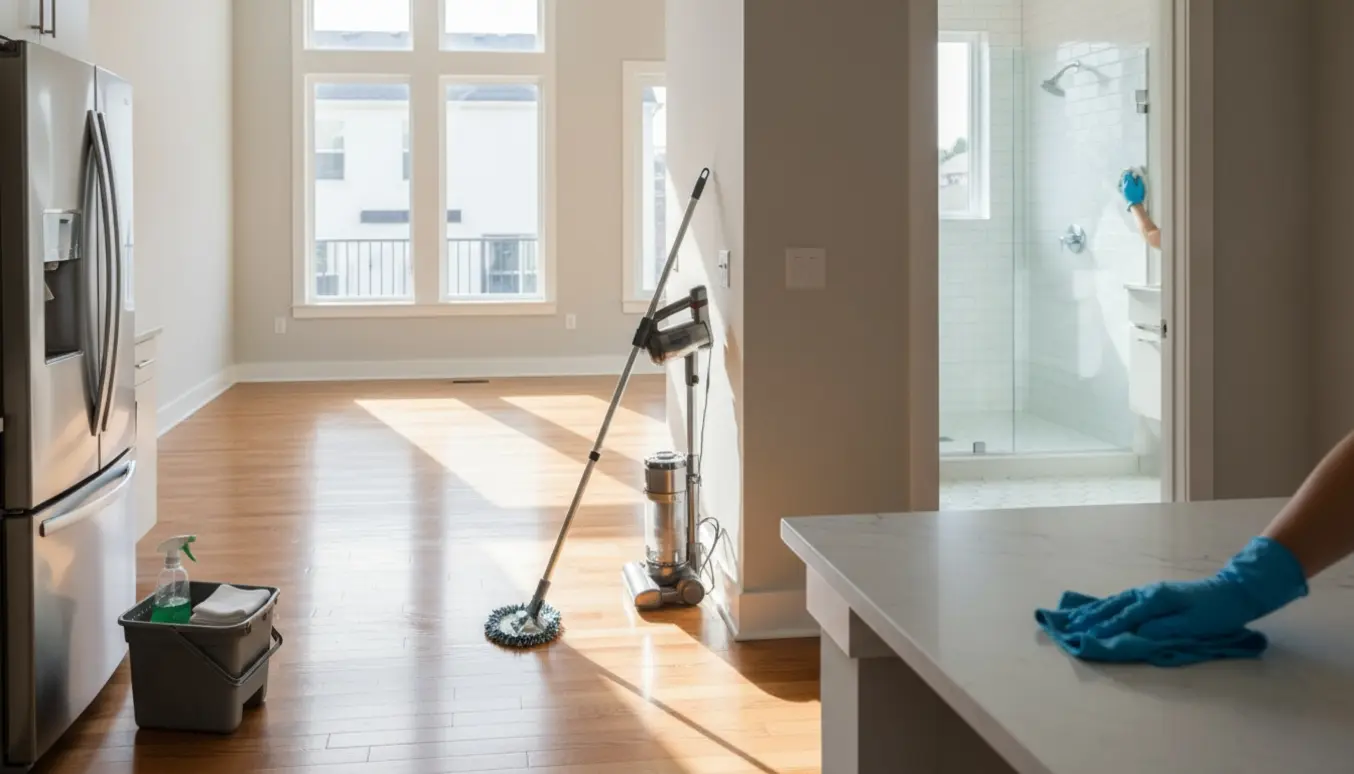Moderne rækkehus med trægulve, rengøringsudstyr og handske-klædte hænder, der tørrer køkkenoverflade og badeværelsesspejl.