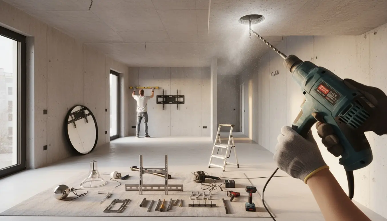 Montering af lamper, TV-beslag og knager på rå betonvægge med værktøj og monteringsdele.