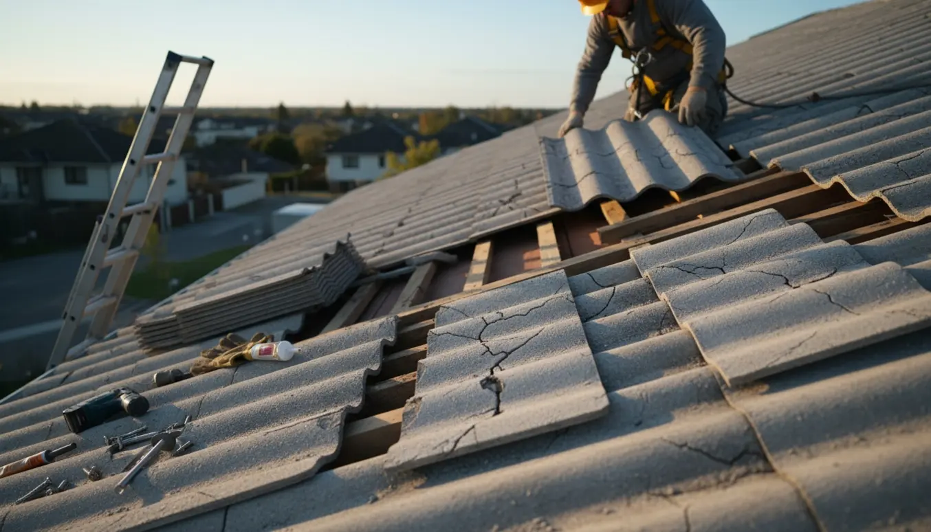 Hænder på en håndværker, der udskifter revnede bølgeeternit-tagplader på et parcelhus.