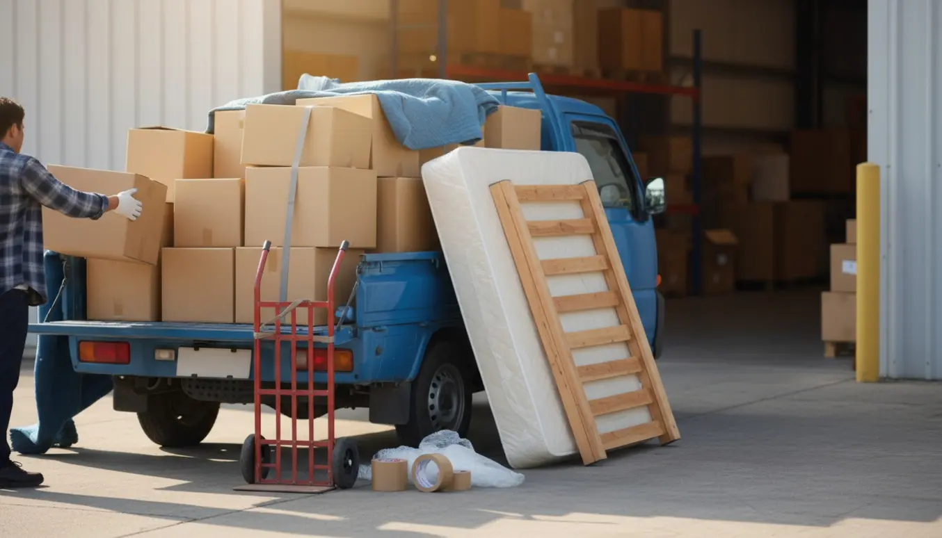 Pickup med cirka 20 kasser og en madras klar til aflevering til genbrug ved et indsamlingssted.