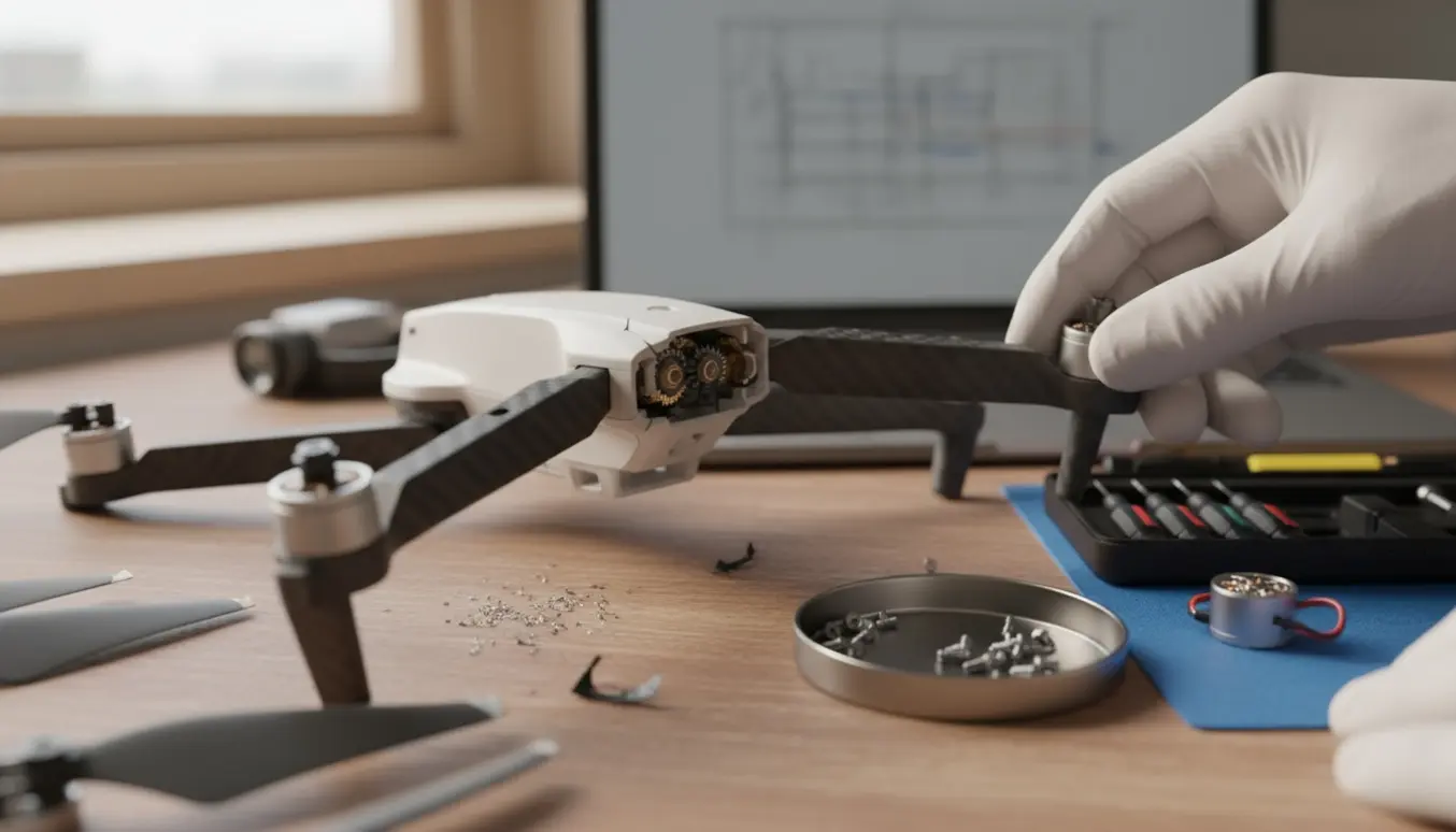 Nærbillede af en drone på et værksted med en knækket arm og værktøj til reparation.