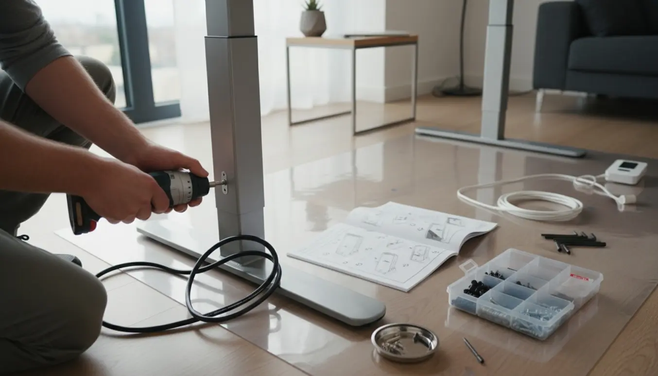 Nærbillede af hæve/sænke skrivebordsdele og hænder, der bruger en elektrisk skruetrækker under montage.