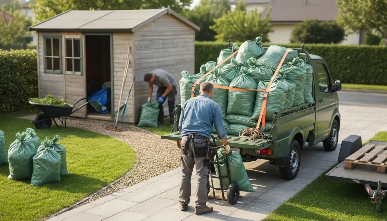 Lastning af mange havesække i en varebil på indkørslen, med haveredskaber og arbejdshænder i baggrunden.