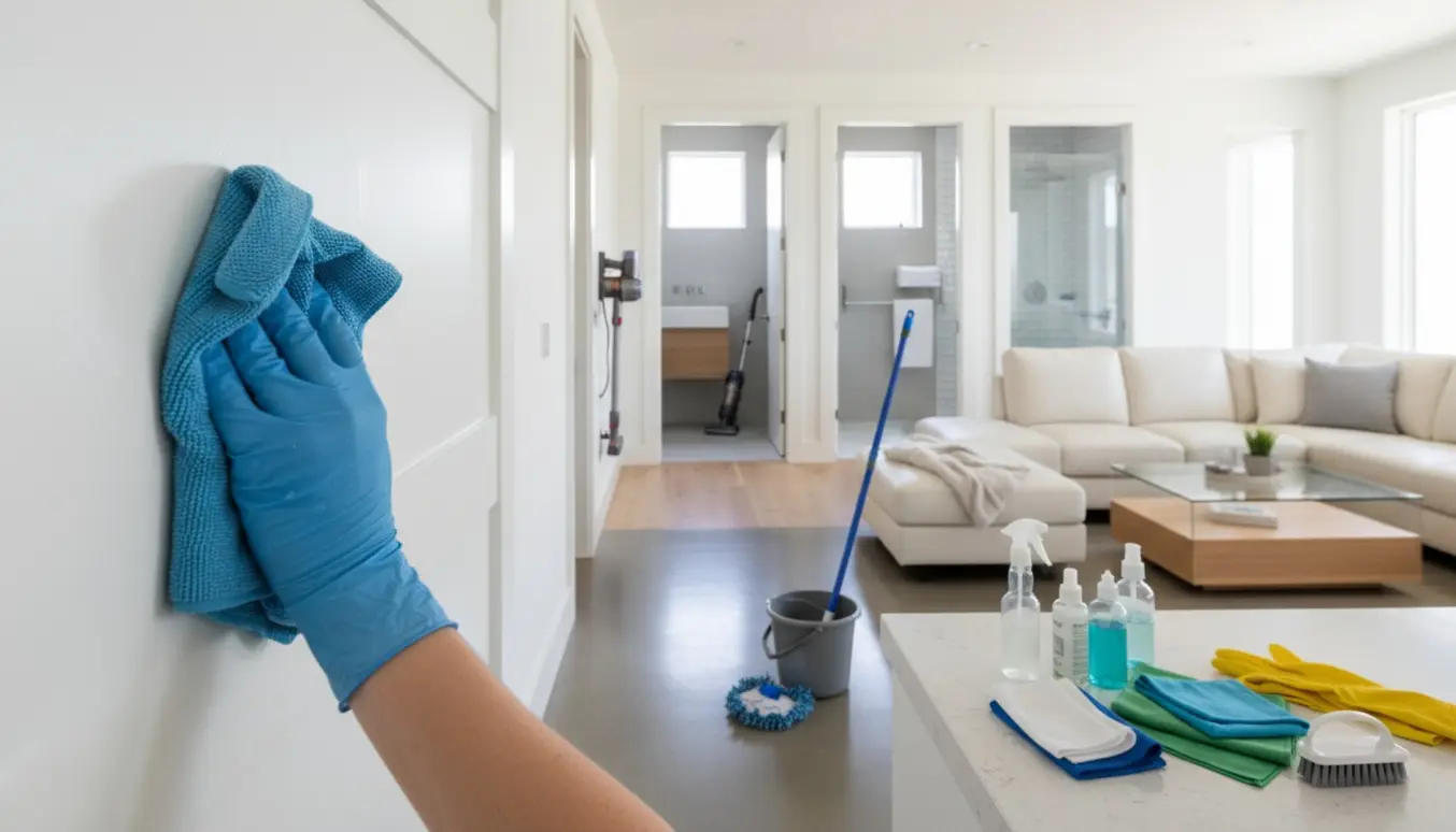 Lyst, rummeligt hjem under rengøring med hænder, der tørrer paneler med mikrofiberklud og rengøringsudstyr i baggrunden.