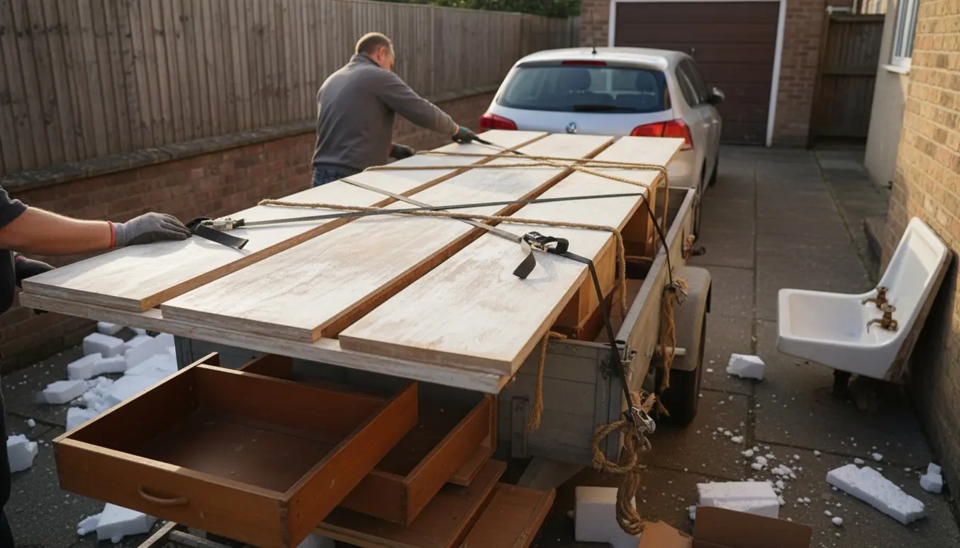 Trailer i en gård lastes med lange skabslåger, skuffer, flamingo og en gammel vask.