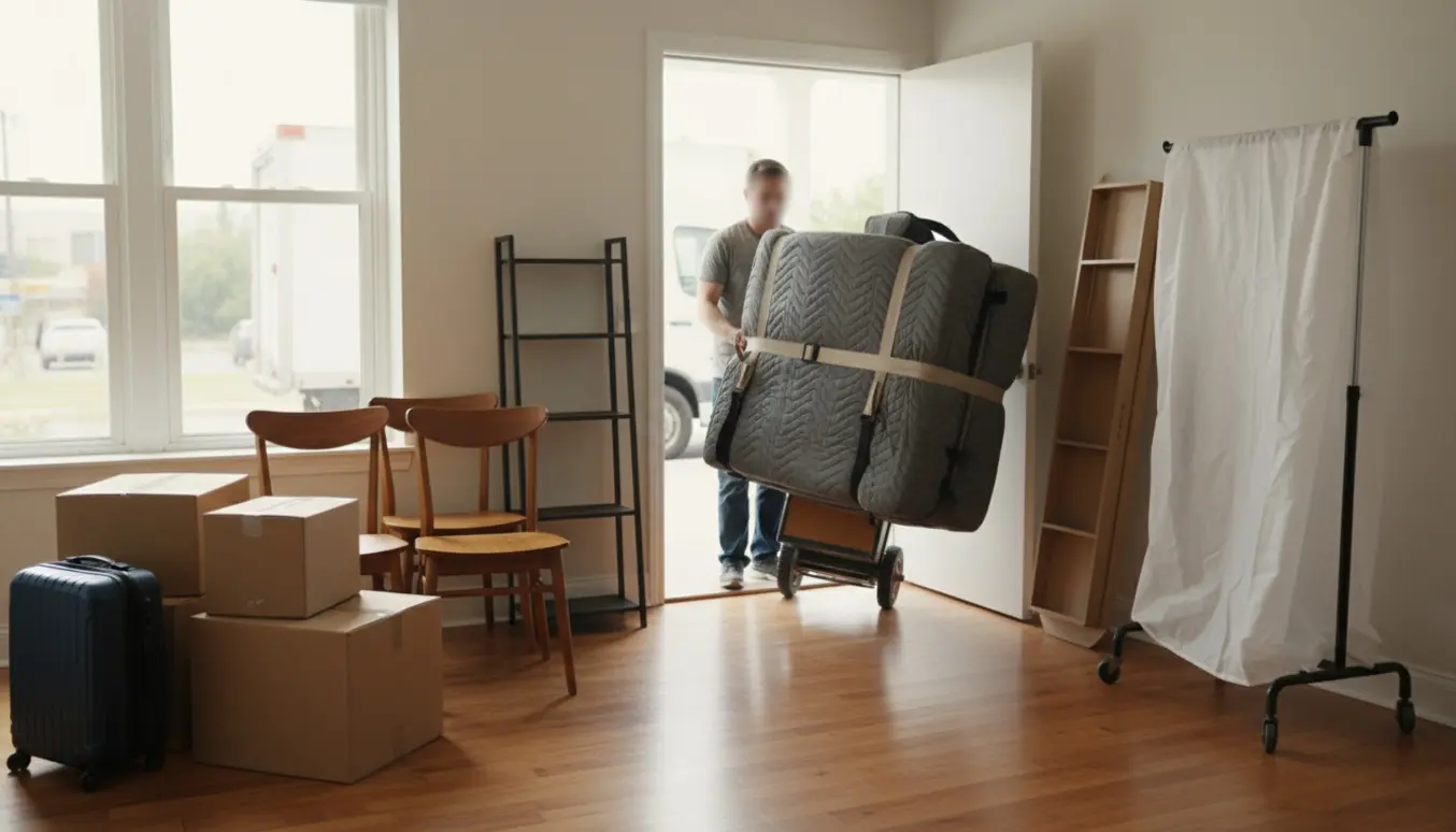 To personer bærer en lille boksmadras gennem en lejlighedsgang omgivet af flyttekasser, kufferter og beskyttelsestæpper.