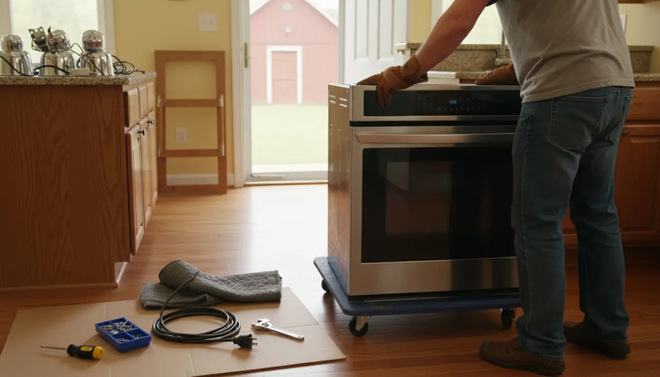 En person bærer en udtaget indbygningsovn i en køkkengang med nedtagne lamper og hylder ved siden af.
