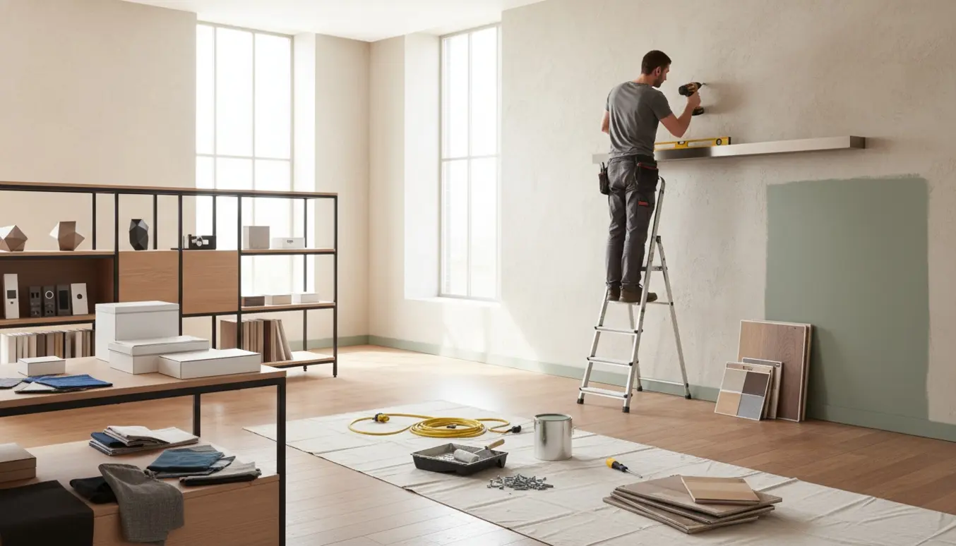 Håndværker på stige monterer hylde i et lyst showroom med malerudstyr i forgrunden.