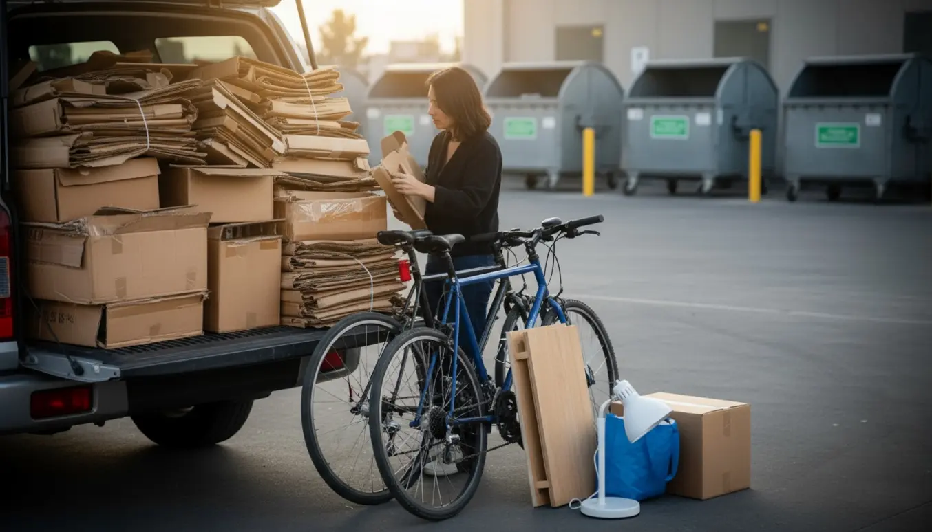 Åbent bagagerum med en stor stak sammenklappet pap ved en genbrugsstation, to cykler og nogle småting ved siden af.