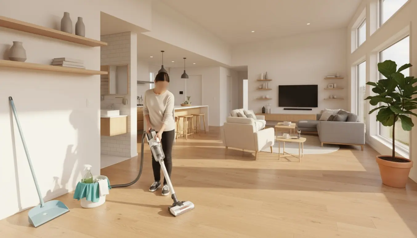 Rengøringshjælp støvsuger et lyst og ryddeligt enkeltplanshus med synligt rengøringsudstyr.