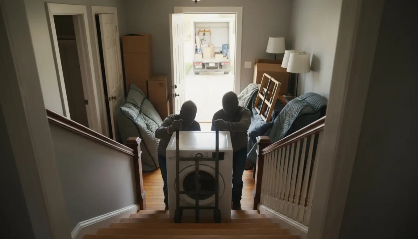 Flyttefolk bærer en vaskemaskine ned ad en trappe med flyttekasser og møbler pakket i tæpper.