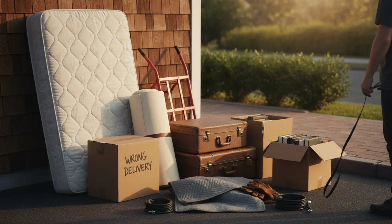 Madras, topmadras, en forkert pakke, to gamle kufferter og to kasser med bøger stablet udenfor klar til afhentning.