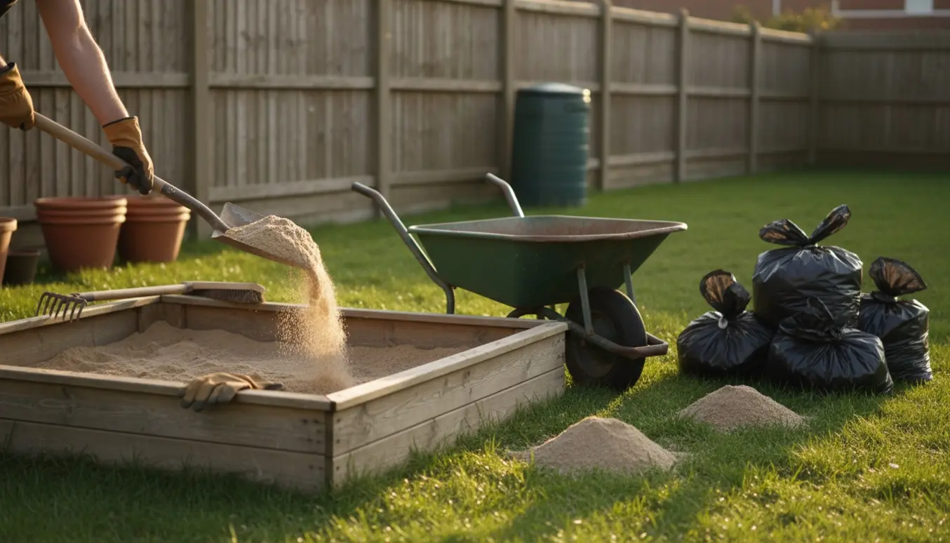 Halvfyldt sandkasse der tømmes med skovl i trillebør og fire bundne poser haveaffald ved siden af i baghaven.